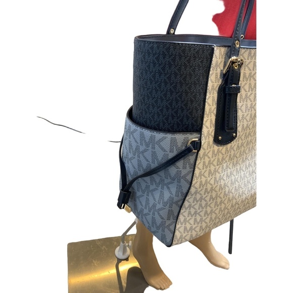 Michael Kors Blue Leather Logo Print Tote Handbag Dual Handles Sz 11x11 Luxe Bag - Picture 4 of 14